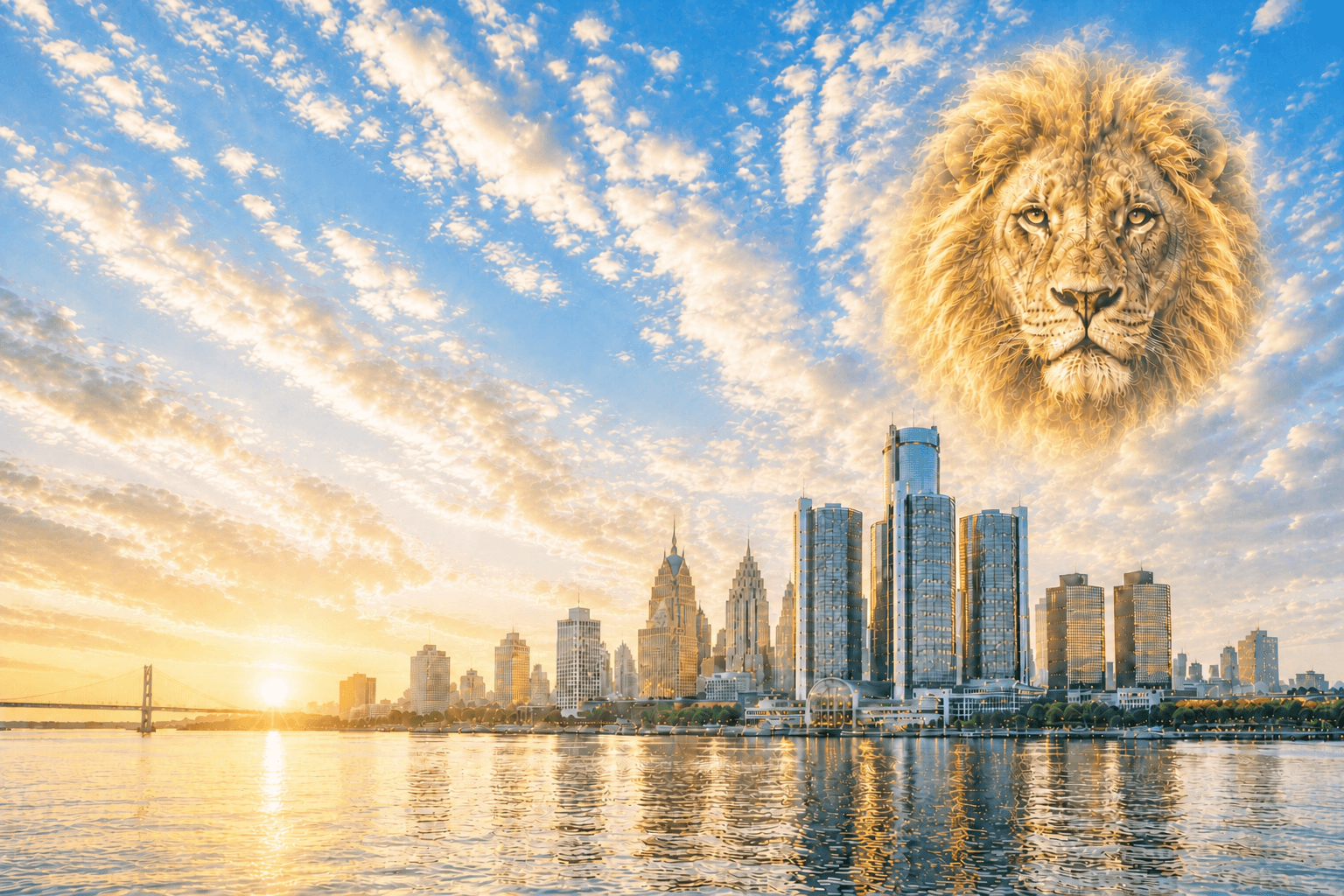 Detroit skyline beneath a lion in the clouds